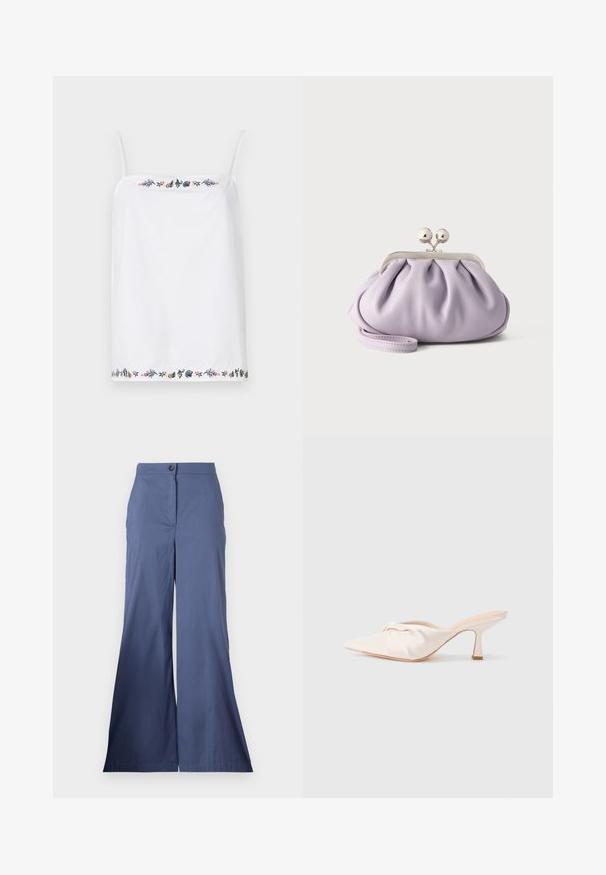 Top blanco sin mangas con tirantes finos, que presenta un intrincado bordado floral alrededor del escote y el dobladillo en varios colores. Textura suave.; Pantalones de pierna ancha azul marino, confeccionados en una tela suave, con cierre frontal de botón y líneas limpias, con un ajuste entallado en toda su extensión.; Zapato mule de tela beige claro con un diseño anudado en la parte delantera, punta afilada y un tacón delgado y estrecho. Textura suave en general.; Bolso de mano suave de lavanda con tela recogida, cierre de beso plateado y correa de muñeca a juego sobre un fondo liso y claro.