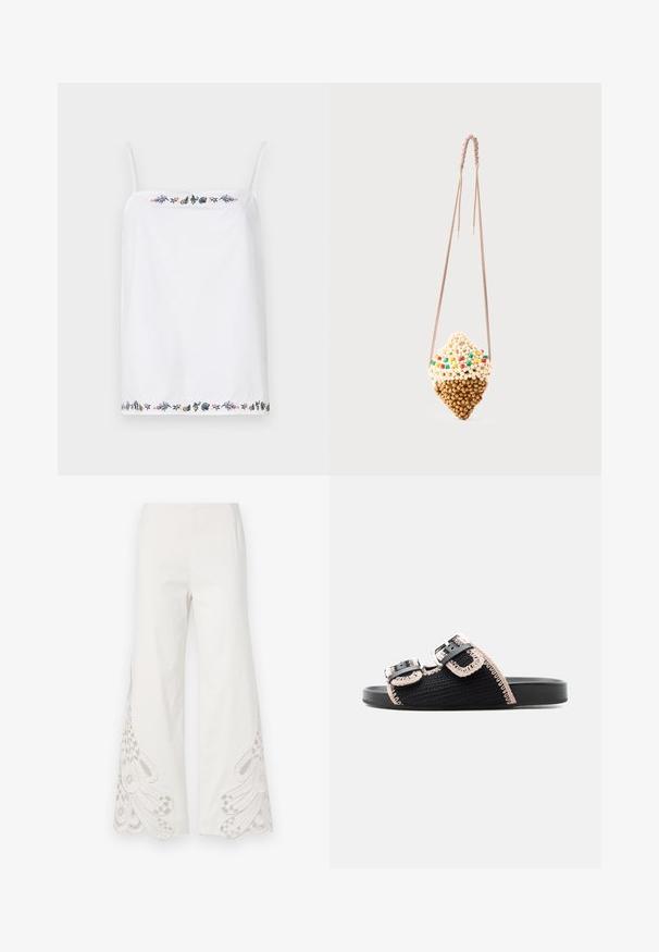 Haut sans manches blanc avec de fines bretelles, présentant des broderies florales complexes autour de l'encolure et de l'ourlet dans diverses couleurs. Texture lisse.; Pantalons larges en tissu blanc présentant des motifs de broderie beige complexes et des ourlets festonnés au bas des jambes.; Sandale noire à glissière avec deux brides réglables à boucle ornées de bordures en tissage beige et semelle texturée, vue de côté, sur fond blanc.; Petit sac suspendu en forme de cornet de glace, fait de perles beige et marron avec des accents de perles colorées, sur un cordon fin torsadé.