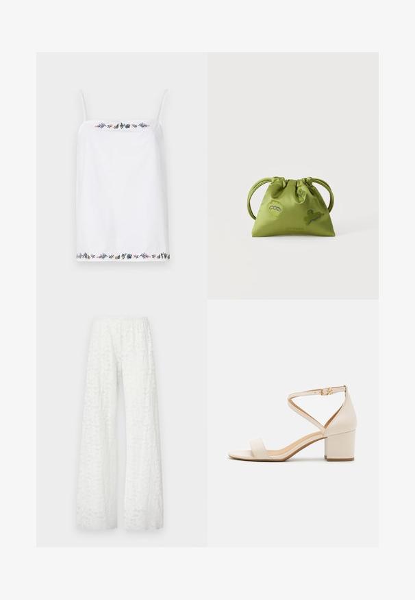 Haut sans manches blanc avec de fines bretelles, présentant des broderies florales complexes autour de l'encolure et de l'ourlet dans diverses couleurs. Texture lisse.; Pantalons larges blancs avec une taille élastique, présentant un motif floral en dentelle texturée sur l'ensemble du tissu.; Sandales à talon bloc beiges présentant un design minimaliste, bout ouvert et une sangle de cheville ajustable avec une boucle dorée. Texture lisse.; Sac à main vert à cordon avec deux poignées, décoré de formes abstraites bleues et vertes brodées, sur un fond blanc uni.