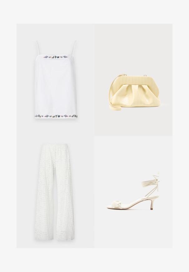 Haut sans manches blanc avec de fines bretelles, présentant des broderies florales complexes autour de l'encolure et de l'ourlet dans diverses couleurs. Texture lisse.; Pantalons larges blancs avec une taille élastique, présentant un motif floral en dentelle texturée sur l'ensemble du tissu.; Sandale à talon bas de couleur crème avec des liens à nouer autour de la cheville et une large bride torsadée sur les orteils, sur un fond blanc uni.; Pochette en cuir couleur crème avec un cadre supérieur structuré et une lanière pour poignet, présentée sur un fond clair uni.