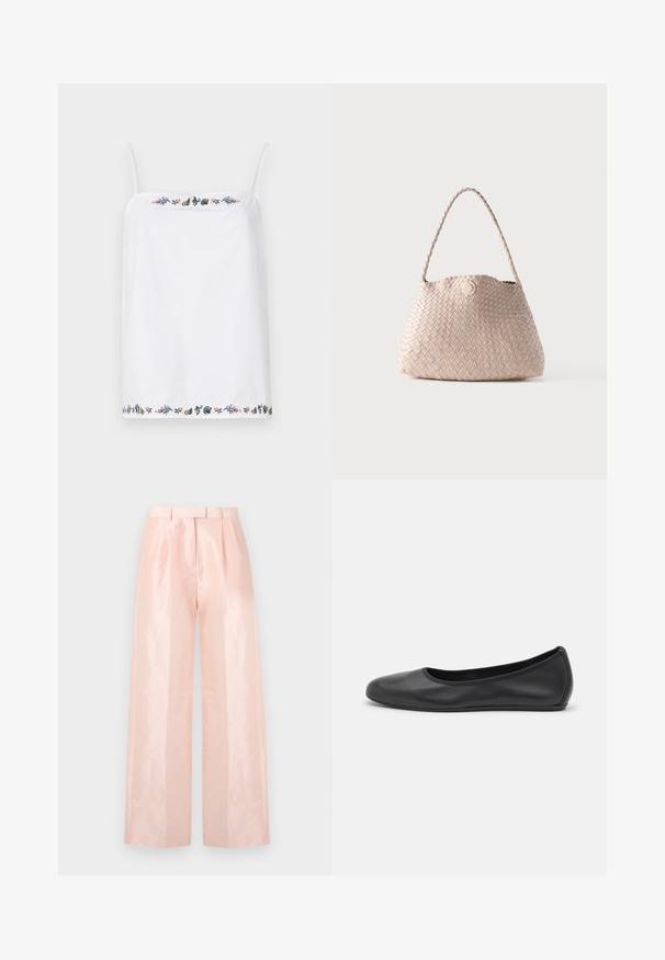 Haut sans manches blanc avec de fines bretelles, présentant des broderies florales complexes autour de l'encolure et de l'ourlet dans diverses couleurs. Texture lisse.; Pantalons à taille haute ample de couleur rose clair, présentant une texture lisse et brillante, des plis à l'avant et une ceinture assortie.; Ballerines en cuir noir avec un bout rond, texture lisse, détails de couture minimalistes et design de semelle flexible.; Sac d'épaule en cuir tissé beige avec une forme arrondie et une anse tressée, doté d'une petite fermeture à bouton en cuir circulaire.