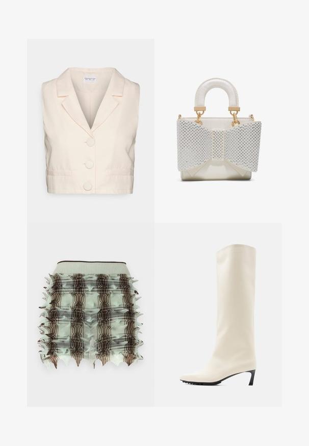 Glamorous HALTER CROPPED BOXY WAISTCOAT - Top - cream; Mintová sukňa s volánmi a klietkovým dizajnom, so štvorcami v hnedej farbe a hrotemi na okrajoch. Elastický pás pre pohodlné nosenie.; Biele čižmy po kolená vyrobené z hladkého materiálu s špicatou špičkou a úzkym čiernym podpätkom. Majú čistý dizajn a minimálne značkové označenie.; Malá biela kabelka s polstrovanou rukoväťou a veľkou prednou mašľou zdobenou striebornými korálkami a zlatými kovovými detailmi.