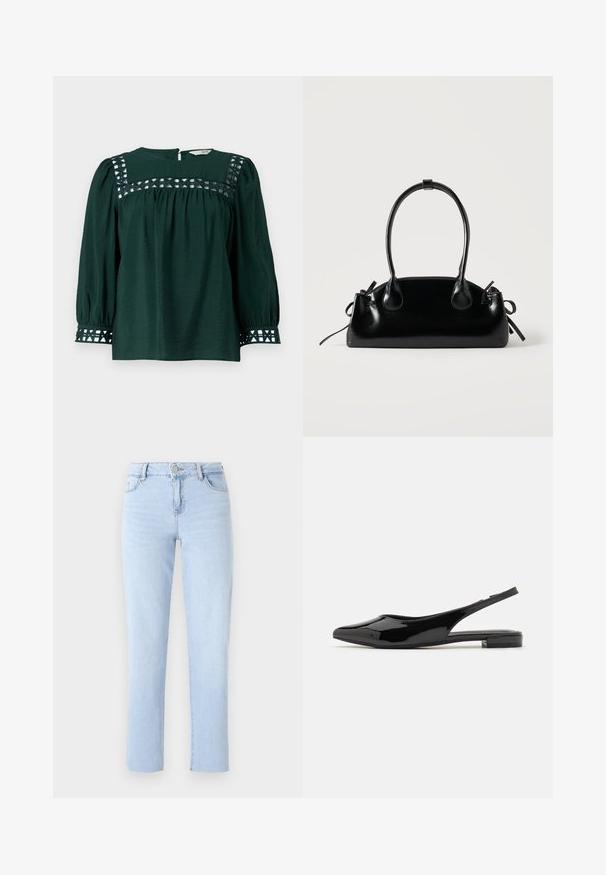 Blusa verde oscuro con mangas largas abullonadas, tejido texturizado y recortes decorativos en el canesú y los puños. Cierre trasero con abertura en forma de llave.; Jeans rectos de color azul claro, hechos de mezclilla, con una cinturilla estándar, cinco bolsillos y detalles de costura sutiles.; Zapatos de charol negro tipo slingback con puntera afilada y tacón bajo. Textura suave, diseño minimalista, parte trasera abierta y silueta elegante.; Pequeño bolso negro brillante con dos asas largas y detalles de cordón lateral sobre un fondo claro liso.