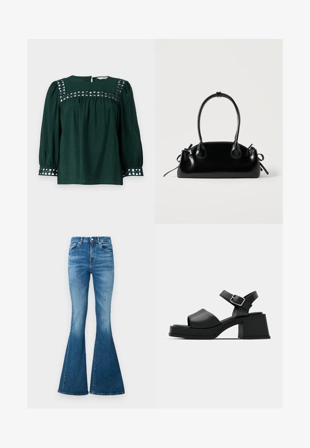 Blusa verde oscuro con mangas largas abullonadas, tejido texturizado y recortes decorativos en el canesú y los puños. Cierre trasero con abertura en forma de llave.; Jeans acampanados hechos de denim de peso medio, con una cintura alta, color azul claro, un ligero desvanecimiento y un diseño clásico de cinco bolsillos.; Sandalias de plataforma de cuero negro con diseño de puntera abierta, correa en el tobillo y un tacón cuadrado grueso. Textura suave y estilo minimalista.; Pequeño bolso negro brillante con dos asas largas y detalles de cordón lateral sobre un fondo claro liso.