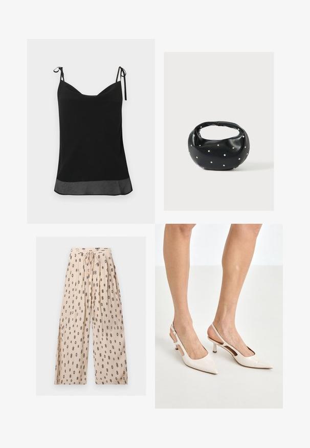 Camisole noire sans manches avec fines bretelles réglables et un détail d'ourlet transparent en bas.; Pantalon beige à jambes larges avec imprimé géométrique noir, taille élastique et cordon de serrage à l'avant avec embouts dorés.; Escarpins à talon slingback en cuir verni beige avec un bout pointu et un talon de 5 cm, présentant des côtés découpés et une fine bride à la cheville.; Sac à main en cuir noir de forme arrondie, décoré de clous argentés et équipé d'une poignée courte. Texture lisse et fermeture éclair.