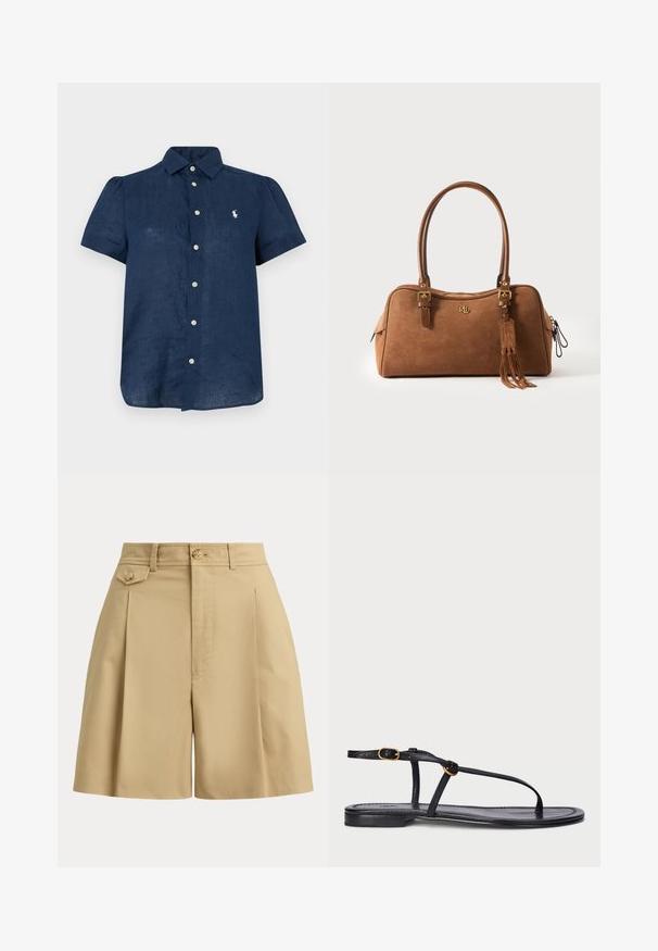 Camisa azul marino de manga corta con botones, cuello y logo bordado en blanco en el pecho izquierdo.; Pantalones cortos beige de cintura alta con presillas para cinturón, cierre frontal con botón y cremallera, pliegues y una pequeña solapa abotonada en el lado izquierdo.; Sandalia plana negra con un diseño minimalista. Presenta tiras delgadas, un separador de dedos, acentos de hardware dorado y una suela suave y texturizada.; Bolso de ante marrón con doble asa de cuero, herrajes dorados, detalle de borla y un pequeño logotipo estampado en la parte frontal.