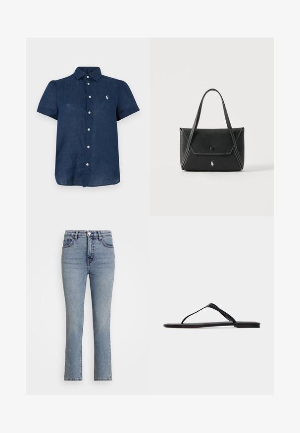 Camisa azul marino de manga corta con botones, cuello y logo bordado en blanco en el pecho izquierdo.; Jeans de denim de color azul claro con una cintura alta, piernas rectas y un desvanecimiento sutil. Con botón metálico y costuras en contraste.; Sandalia plana negra tipo flip-flop con tiras finas y diseño minimalista mostrada de lado sobre un fondo claro y liso.; Bolso de mano de cuero negro con dos asas, solapa frontal con cierre de botón, costuras blancas y pequeño logo de caballo sobre un fondo liso.