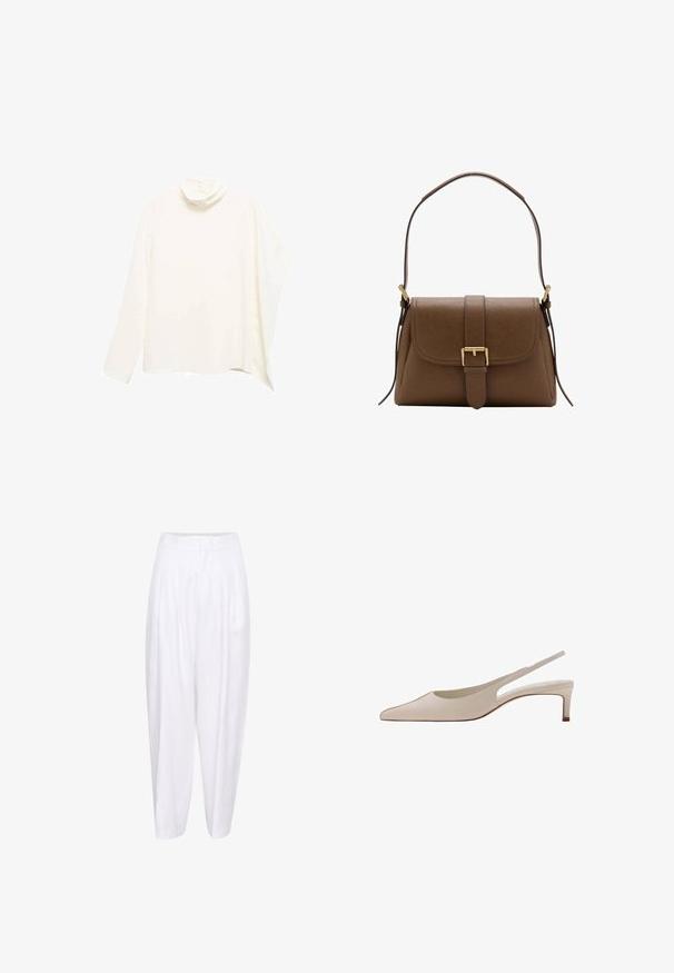 Hvid højhalset bluse med lange ærmer, draperet design, blød tekstur og minimalistisk stil. Har knaplukning på ryggen.; Hvide linned bukser med høj talje, der har frontfolder og en afslappet silhuet, der smalner ind mod anklen. Glat tekstur, ingen mønstre.; Beige læderslingback sko med spids tå og lav blokhæl, vist fra siden på en hvid baggrund.; Brun skuldertaske i læder med frontklaffelukning og guldlås, med justerbar rem med gulddetaljer på hvid baggrund.