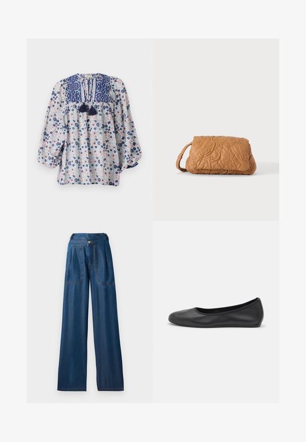Bloemmotief blouse in blauw, wit en roze met een gespleten halslijn, franjes en volumineuze lange mouwen. Katoenen stof.; Donkerblauwe wijde jeans van denim, met twee voorzakken, een knoopsluiting en contrasterende oranje stiksels.; Zwarte leren ballerina met een ronde neus, gladde textuur, minimale stikdetails en een flexibele zoolontwerp.; Tan gewatteerde leren clutch met bloemstiksels en een klein polsbandje tegen een effen witte achtergrond.