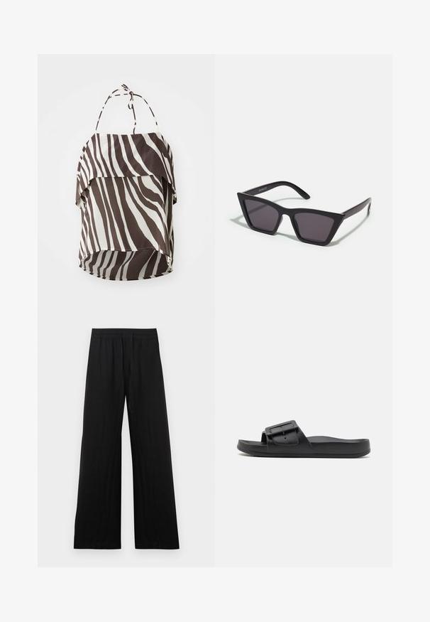Top marrón y crema con escote off-the-shoulder y patrón de rayas de cebra, hecho de tela ligera, con tirantes ajustables y un dobladillo acampanado.; Pantalones negros de pierna ancha hechos de tela de algodón. Presentan una cintura elástica y un acabado suave y texturizado. Sin patrones ni detalles visibles.; Chancla negra con una correa ancha, hebilla ajustable, suela plana y textura mate suave. Diseño simple sin patrones adicionales.; Gafas de sol negras y angulares con lentes grises; fabricadas en plástico, con varillas gruesas de superficie suave y sin herrajes visibles.