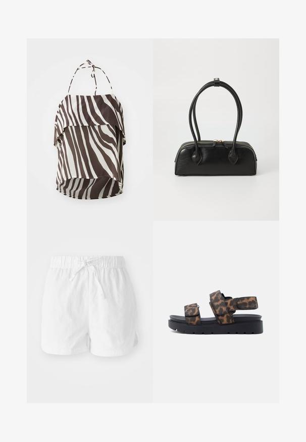Haut marron et crème à épaules dénudées avec un motif à rayures de zèbre, fabriqué en tissu léger, doté de bretelles réglables et d'un ourlet évasé.; Shorts en coton blanc avec une taille élastique et un cordon de serrage ajustable. Dotés de fentes latérales pour plus de mobilité et d'une coupe décontractée.; Sandale à plateforme noire avec des brides réglables à imprimé léopard marron et noir et fermetures Velcro sur fond blanc.; Sac à main en cuir noir avec deux anses allongées, fermeture éclair et forme arrondie ; texture lisse avec une finition légèrement brillante.