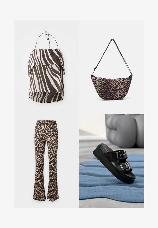 Hnedý a krémový off-the-shoulder top so zebrovým prúžkom, vyrobený z ľahkej látky, s nastaviteľnými viazacím ramienkami a rozšíreným lemom.; Džínsy s leopardím vzorom v béžovej a čiernej farbe, vyrobené z mäkkej tkaniny s hladkou textúrou, s priliehavým pásom a rozšíreným lemom.; Čierna šľapka na platforme s dvoma striebornými prackami, položená na modrom kobereci s textúrou, v pozadí rozostrený béžový nábytok.; Kabelka z tkaniny s leopardím vzorom, zakriveného tvaru, s tenkým popruhom na rameno a zipsovým uzatváraním. Prírodné odtiene béžovej a tmavohnedej. Hladká textúra.