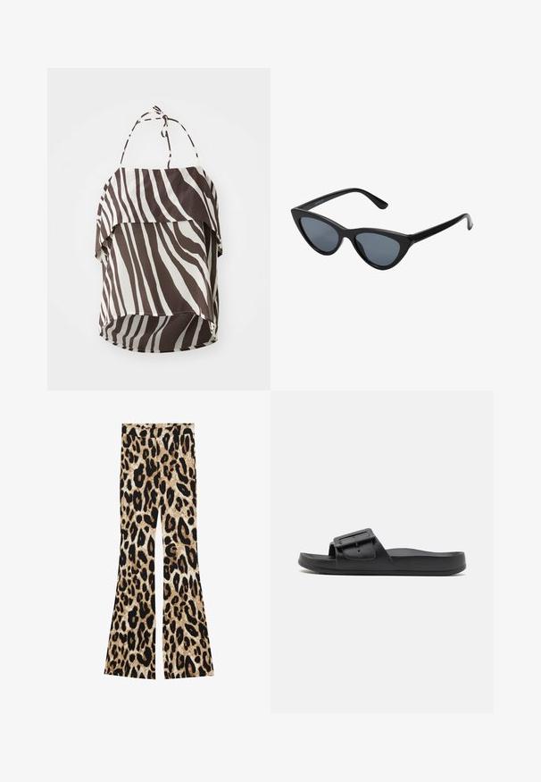 Hnedý a krémový off-the-shoulder top so zebrovým prúžkom, vyrobený z ľahkej látky, s nastaviteľnými viazacím ramienkami a rozšíreným lemom.; Rozšírené nohavice s leopardím vzorom v čiernych a hnedých odtieňoch, rebrovanou textúrou a vysokým pásom.; Čierne šľapky s širokým popruhom, nastaviteľným prackom, plochou podrážkou a hladkou matnou textúrou. Jednoduchý dizajn bez ďalších vzorov.; Čierne slnečné okuliare v štýle mačacích očí s tmavošedými sklami, elegantným plastovým rámom, špicatými rohmi a rovnými stranami. Bez viditeľného hardvéru alebo akcentov.