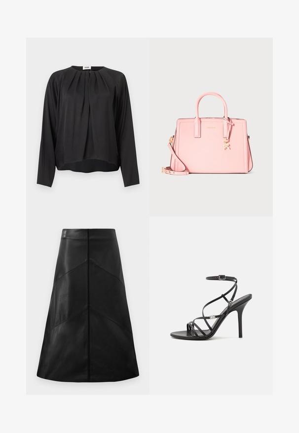 Blouse noire à manches longues avec détail plissé à l'avant, encolure ronde et ourlet légèrement arrondi, présentée sur un fond clair uni.; Jupe en cuir noir en forme A avec une texture lisse, arborant des motifs de coutures géométriques et une fermeture éclair dissimulée à l'arrière.; Sandale noire à talons hauts avec des brides fines, une boucle à la cheville, une surface en cuir lisse et un talon aiguille élancé.; Sac à main rose Michael Kors avec double poignées, bandoulière amovible et pendentif logo MK doré sur un fond clair uni.