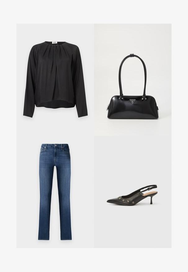 Sort bluse med lange ærmer, plisseret frontdetalje, rund halsudskæring og let buet kant, vist på en ensfarvet lys baggrund.; Mørkeblå denimjeans med lige pasform, klassisk fem-lomme design, frontknaplukning og subtilt slid, der giver en brugt effekt.; Sort slingback-pumpe i læder med spids tå, lille hæl og dekorative metalakcenter langs frontåbningen. Glat tekstur.; Sort glanshandtaske med en buet silhuet, to håndtag og en frontlogo-plakette. Lynlås lukning og skinnende hardware-detaljer.