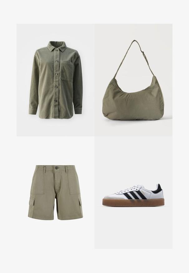 Grøn corduroy skjorte med spids krave, lange ærmer, frontlomme og knaplukning med mørke knapper. Ribbede struktur gennem hele skjorten.; Khaki cargo shorts lavet af letvægtsbomuld med to sidelommer, en front knaplukning og lige snit.; Hvide lædersneakers med sorte striber, gummirubber sål, rund tå, snørelukning og blød grå ruskinds tåhætte.; Skuldertaske i blødt olivengrønt stof med lynlås og justerbar rem på ensfarvet, lyst baggrund.