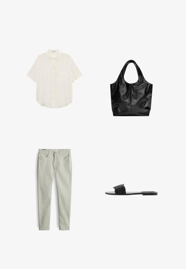 Mango SHORT SLEEVE POCKET - Hemdbluse - off-white; Helle grüne, schmal geschnittene Baumwollhosen mit glatter Textur, die Vordertaschen, einen Knopfverschluss und dezente Nähdetails aufweisen.; Schwarze Rutschsandale mit weichem Kreuz-Trägerdesign, flacher Sohle und minimalistischem Ästhetik. Hergestellt aus strapazierfähigem Gummi-Material.; Schwarze Leder-Tote mit glatter Textur, weichem, abgerundetem Oberteil und breiten Tragegriffen. Merkmale minimale Nähte und eine lässige Silhouette.
