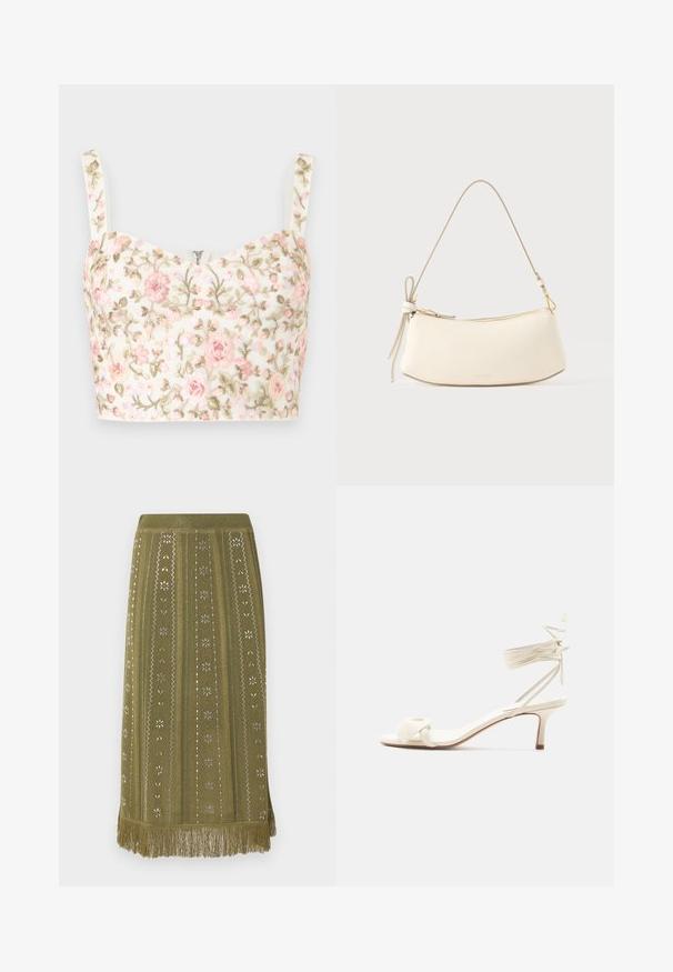 Camisole courte blanche avec broderies florales roses et vertes et fines bretelles, avec une petite fermeture éclair centrale au niveau de l'encolure.; Jupe midi en maille vert olive avec motifs floraux et géométriques verticaux et finition à franges à l'ourlet.; Sandale à talon bas de couleur crème avec des liens à nouer autour de la cheville et une large bride torsadée sur les orteils, sur un fond blanc uni.; Sac à bandoulière en cuir blanc au design incurvé, avec une quincaillerie dorée et une accentuation de sangle nouée. Texture lisse, fermeture éclair en haut.