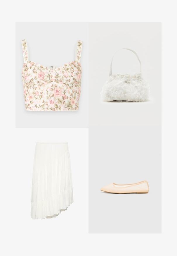 Camisole courte blanche avec broderies florales roses et vertes et fines bretelles, avec une petite fermeture éclair centrale au niveau de l'encolure.; Jupe blanche asymétrique à étages avec détails à volants et taille ajustée.; Ballerines beiges avec un bout pointu, une semelle plate et un dessus en maille translucide. Agrémentées de coutures simples le long des bords.; Petit sac à main blanc orné de roses en tissu recouvrant le corps et d'une fine anse unique, sur un fond uni.
