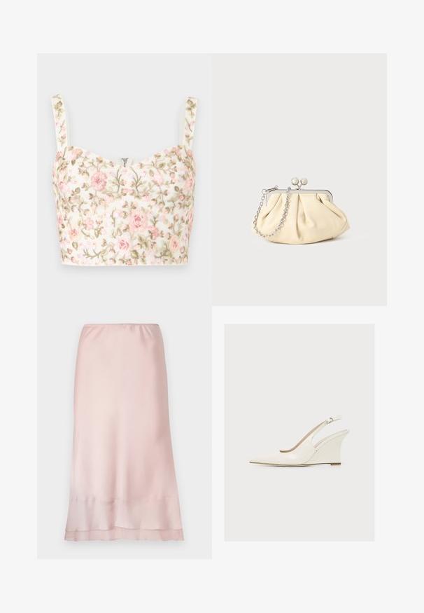 Witte cropped top met roze en groene bloemrijke borduursels en dunne bandjes, met een kleine centrale rits aan de halslijn.; Lichtroze satijnen midi-jurk met elastische tailleband en gelaagde zoomdetail, weergegeven op een effen witte achtergrond.; Glanzende crème-kleurige dames slingback sleehakschoen met puntige neus en verstelbare gesp.; Geplooide beige leren clutch met een zilveren metalen frame, voorzien van twee ronde decoratieve sluitingen en een zilveren kettingriem.