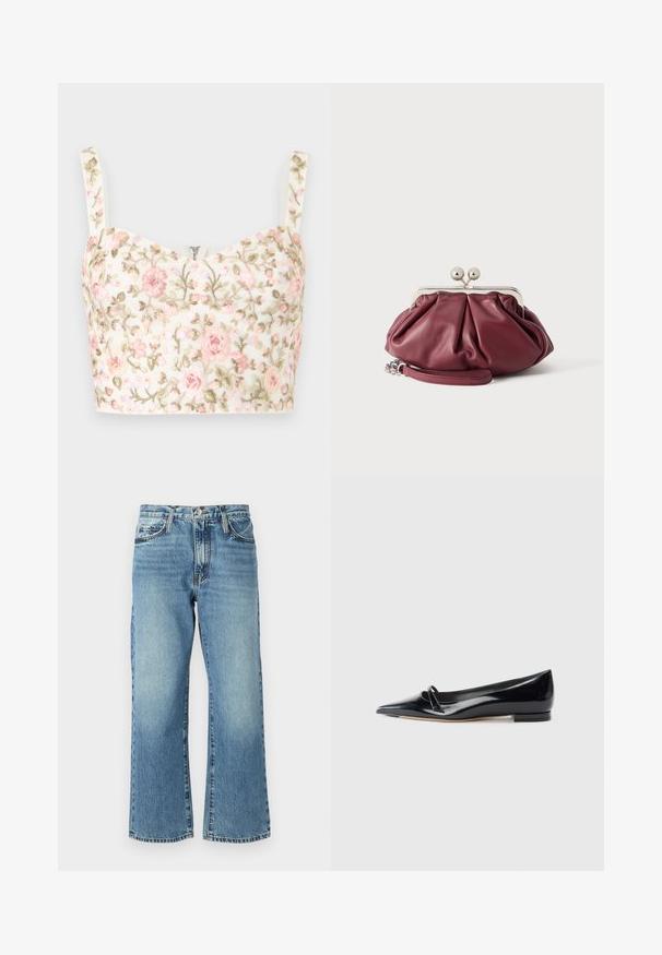 Witte cropped top met roze en groene bloemrijke borduursels en dunne bandjes, met een kleine centrale rits aan de halslijn.; Lichtblauwe denim jeans met een wijd beenontwerp, vijf zakken en een knoopsluiting. De stof heeft subtiele vervaging en een klassieke textuur.; Zwarte gepatenteerde leren platte schoen met een puntige neus, een kleine decoratieve band en een lage blokhak. Gladde textuur en strak ontwerp.; Kleine bordeauxrode leren clutch met zilveren metalen gesp en polsriem op een witte achtergrond.