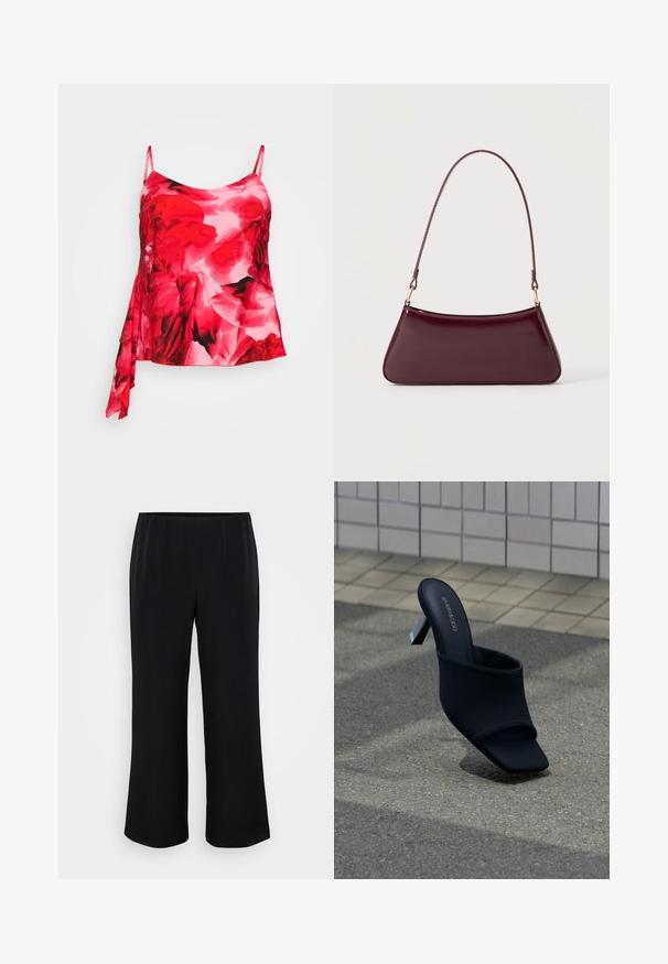 Haut floral sans manches dans des tons de rouge et de rose, fabriqué en tissu lisse et léger, avec un côté drapé et des bretelles réglables.; Pantalons larges noirs en tissu lisse avec une taille élastique. Design simple, sans motifs ni éléments métalliques visibles.; Mule noire à bout ouvert, talon bloc et bout carré, avec la marque "EVEN&ODD", posée sur un sol en pavé gris près d'un mur carrelé.; Sac à main brillant bordeaux foncé avec une anse fine unique et une forme trapézoïdale élégante sur un fond clair uni.