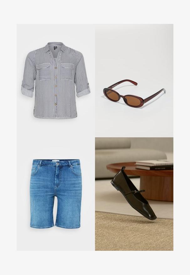 Stribet skjorte med v-udskæring, to frontlommer, opsmøgede ærmer og knaplukning i marineblå og hvide farver. Materialet er en bomuldsblanding.; Denim shorts i mellemblå farve, med lige snit, fem-lomme design og knaplukning. Blød tekstur, rene kantede kanter.; Sort Mary Jane flad sko i læder, svævende over et beige vævet tæppe med et rundt træbord og stablede bøger i baggrunden.; Runde, bruntonede solbriller med en glansfuld bordeauxramme. Slanke arme med diskret brandingdetalje. Flad linsedesign.
