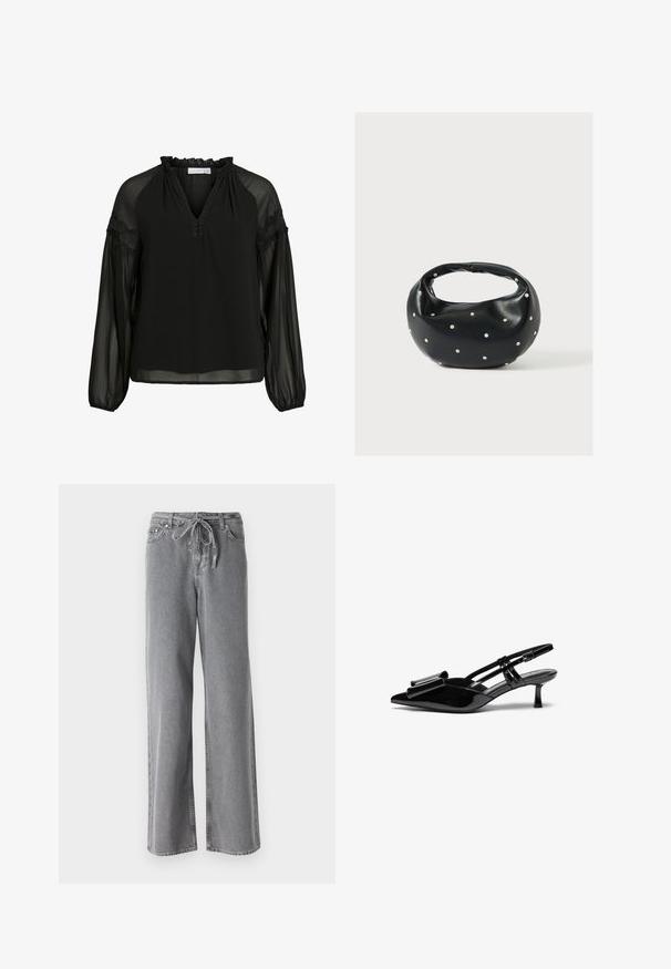 Schwarze Bluse mit V-Ausschnitt, Rüschendetails am Hals, transparenter langer Ärmel und Spitzenakzenten an den Schultern. Leichter, fließender Stoff.; Graue weit geschnittene Jeans aus Denim, mit einem Kordelzugbund und zwei Vordertaschen. Die Textur ist weich und hat ein leicht verwaschenes Finish.; Schwarze Lackleder-Slingbacks mit spitzer Zehenpartie, einer Schleifendetail an der Vorderseite und einem kleinen Stiletto-Absatz. Die Riemen haben verstellbare Schnallen.; Schwarze Lederhandtasche mit abgerundeter Form, verziert mit silbernen Nietenakzenten und kurzem Griff. Glatte Struktur und Reißverschlussverschluss.