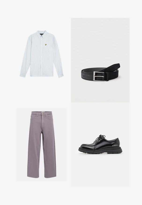 Stribet skjorte med knapper i lyseblå og hvid, med en lille gul logo på brystlommen. Fremstillet af tekstureret bomuldsstof.; Lige-lige lavendelgrå jeans med front- og baglommer, bæltestropper og knaplukning ved taljen.; Sorte læder dressko med rund tå, tyk gummisål, snørebåndsdesign og markant syning langs kanten.; Sort ruskindlæderbælte snoet med sølv rektangulær metalknap på en ensfarvet hvid baggrund.