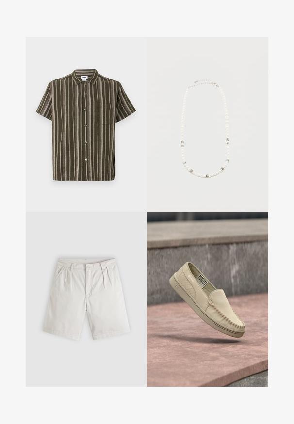 Chemise boutonnée à manches courtes de couleur vert olive, avec des rayures verticales beige et blanches et une poche poitrine.; Shorts beige clair longueur genou avec plis à l'avant, poches latérales, passants pour ceinture et fermeture à bouton sur un fond gris clair.; Mocassin slip-on beige en daim avec un panneau latéral matelassé, des coutures style mocassin et une semelle en caoutchouc, flottant au-dessus d'une surface en pierre.; Collier de perles blanches avec des intercalaires en strass argentés et un fermoir chaîne en argent, présenté sur un fond clair uni.