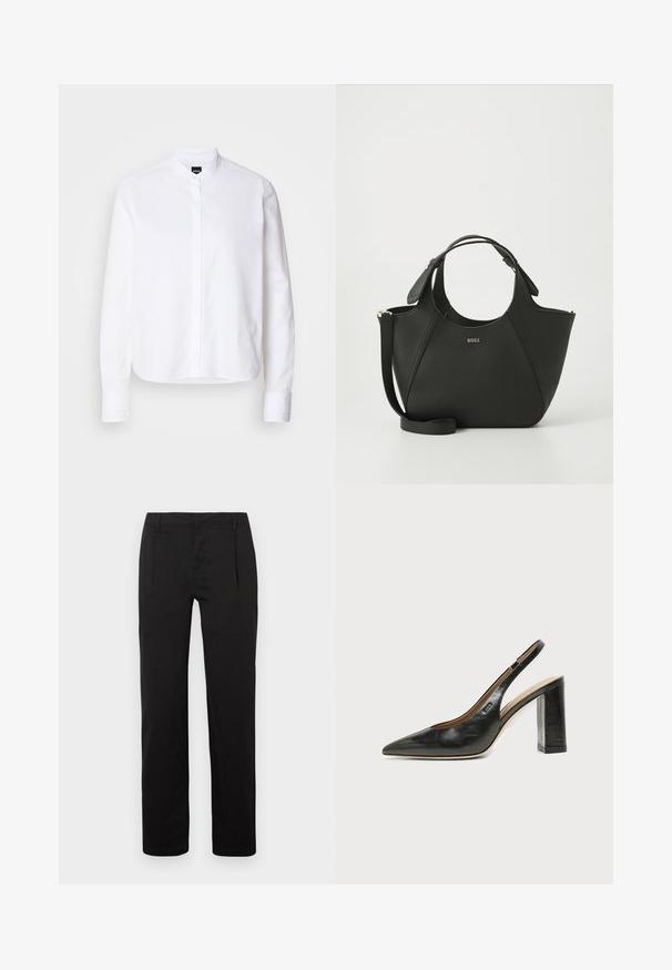 Chemise blanche à col avec patte de boutonnage à l'avant, manches longues et poignets à boutons. Fabriquée en coton lisse avec une coupe structurée.; Pantalon noir à jambes droites, doté d'une texture lisse, de plis à l'avant et d'une ceinture standard. Aucun motif ou accent notable.; Chaussure slingback en cuir noir à bout pointu avec un talon bloc haut et une doublure intérieure beige sur un fond clair uni.; Sac à main en cuir noir avec une surface texturée, un design courbé, des poignées doubles et une bandoulière amovible. Présente un logo de marque à l'avant.