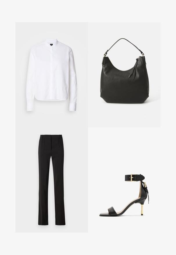 Chemise blanche à col avec patte de boutonnage à l'avant, manches longues et poignets à boutons. Fabriquée en coton lisse avec une coupe structurée.; Pantalon noir sur mesure avec une coupe droite, deux plis à l'avant et une texture de tissu lisse. Pas de poches ni de matériel visible.; Sandale à talon en cuir noir avec un bout carré, une bride de cheville dotée d'une boucle en or et un talon métallique fin. Texture lisse, design minimaliste.; Sac à main en cuir noir avec une forme courbée, une seule bandoulière réglable et une fermeture à glissière avec un détail en gland.