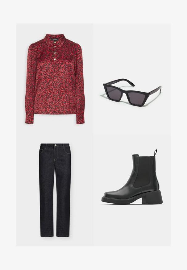 NIKKIE KASANDRA BLOUSE - Pluus - black/lipstick; Sirge säärega mustad teksad esitaskute, vööaasade ja nööp-kinnitusega ühtlasel taustal.; Mustad nahast ankle boots elastsete külgpaneelidega, ümar varvas ja paks plokk kõrgus. Sile tekstuur ja minimalistlik disain.; Mustad mustrakellad, millel on hallid šabloonid; valmistatud plastist, paksude ja siledate kätega, ilma nähtava riistvarata.