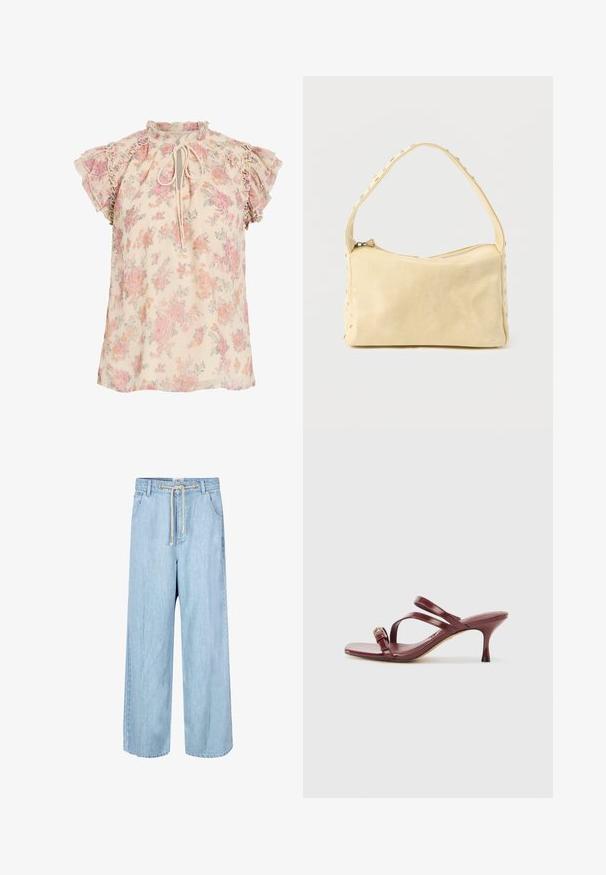Blusa floral crema con flores rosas y naranjas, mangas cortas con volantes y un lazo en el escote.; Pantalones de mezclilla de pierna ancha en un tono azul claro, con cintura elástica, cierre de cordón y dos bolsillos laterales. Textura suave y diseño casual.; Sandalias de tacón alto de charol burdeos con puntera cuadrada, dos correas delgadas y una hebilla decorativa dorada en el lateral.; Pequeño bolso de cuero beige con una sola correa y tachuelas plateadas a lo largo de los bordes y la correa, sobre un fondo liso.