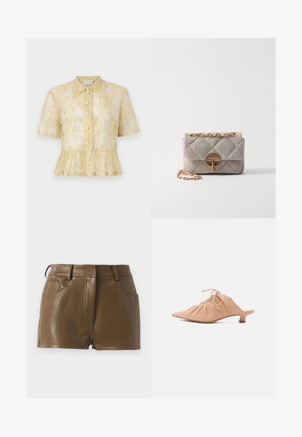 Korte mouwen, doorschijnende gouden bloemrijke kanten blouse met knopen aan de voorkant, kraag en gerimpelde zoom van Munthe.; Bruine faux leren shorts met een fitted ontwerp, tailleband met riemlussen, zijzakken en zichtbare stikdetails.; Beige leren damesmuiltje met puntige neus, geplooide bovenzijde, trekkoord en lage kittenheel, afgebeeld op witte achtergrond.; Vanessa Bruno MOON - Handtas - sable