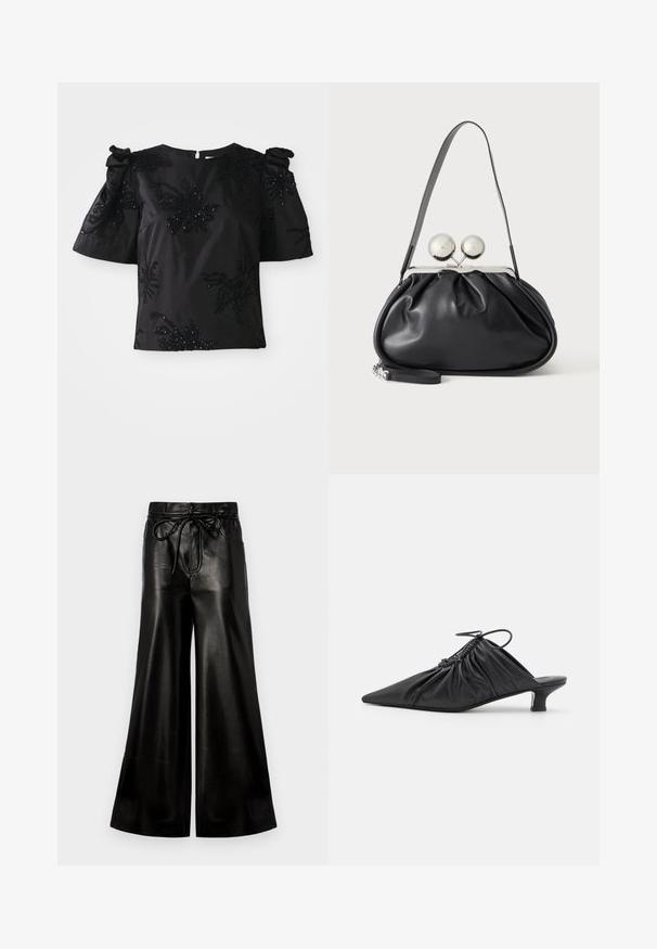 Haut noir à manches courtes avec un col rond, présentant des motifs de feuilles brodés et des sequins. Les manches sont dotées de détails froncés pour plus de volume.; Pantalons larges en cuir noir avec une taille à cordon de serrage. Texture lisse, taille haute, coupe décontractée, dotés de poches latérales et d'une fermeture à bouton.; Mules noirs en cuir à enfiler avec un bout pointu, une texture froncée et un petit talon aiguille. Présente un détail à cordon au niveau de l'ouverture.; Sac à main en cuir noir avec un design plissé, une sangle unique, un cadre métallique argenté et deux grandes fermoirs ronds en argent.