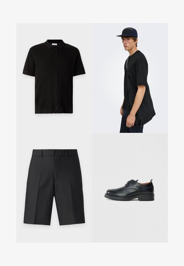 Polo noir à manches courtes en tissu texturé avec un boutonnage à l'avant et un col classique. Doté d'un ourlet droit.; Shorts noirs ajustés en tissu léger, présentant une coupe droite, des plis simples et une fermeture à bouton à l'avant.; Chaussures derby en cuir noir avec une texture lisse, bout rond, design à lacets et une semelle en caoutchouc épaisse et robuste.; Jeune homme portant un t-shirt noir, une casquette bleu marine et noire, et portant un grand sac bandoulière noir sur un fond clair uni.