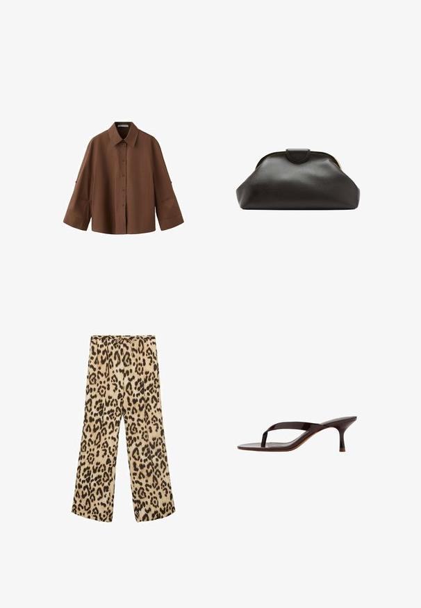 Braunes Hemd mit Knopfleiste, langen weiten Ärmeln und Brusttasche, ausgestattet mit einem klassischen Kragen und legerer Passform.; Leopardenmuster weite Hosen in Beige und Braun mit einem Kordelzugbund, glattem Stoff und lässiger Passform.; Schwarze Sandale aus Lackleder mit Zehensteg und schlankem mittelhohem Kittenheel, seitlich auf weißem Hintergrund dargestellt.; Weiche schwarze Leder-Clutch mit abgerundetem Rahmen und kleinem Verschluss oben in der Mitte.
