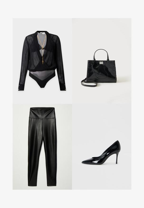 Zwart doorschijnend body met lange mouwen en diepe V-hals, gouden ketting met hangslot- en sleuteldetail en knoopmanchetten.; Zwarte nepleer legging met een hoge tailleband, met een gladde textuur en een aansluitende pasvorm, die tot de enkels reikt.; Zwarte lakschoenen met een puntige neus en een slanke stilettohak. Soepele textuur met een glanzende afwerking en een minimalistisch ontwerp.; Zwarte handtas van lakleer met afgeronde handgrepen, een afneembare schouderriem en zilveren sluiting op een effen witte achtergrond.