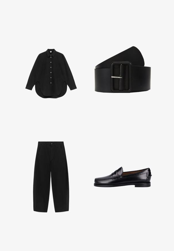 Camisa negra de manga larga con botones, cuello puntiagudo y dobladillo redondeado, mostrada extendida sobre un fondo blanco.; Pantalones anchos negros recortados con bolsillos delanteros, trabillas para cinturón y cierre de botones, mostrados sobre un fondo blanco.; Mocasines de cuero negro con un acabado suave, puntera redondeada, costura decorativa y un tacón bajo. El diseño es minimalista sin herrajes visibles.; Cinturón de cuero negro con hebilla rectangular de plata, textura suave y extremo en punta. El diseño es simple y funcional.