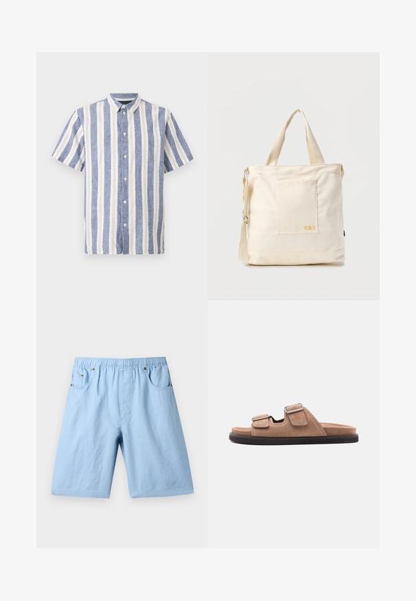 Kortærmet skjorte med knapper med lodrette blå, hvide og tynde beige striber og spids krave.; Lyseblå shorts med elastisk talje, to frontlommer og en glat tekstur. Fremstillet af et blødt stof, velegnet til afslappet brug.; Brun ruskinds slidessandal med sort sål, med to justerbare remme med spænder og hvide syninger, set fra siden på hvid baggrund.; Kremfarvet lærredstote-taske med frontlomme, to håndtag, justerbar skulderrem og lille gul "O.N.S" tekst i nederste højre hjørne af lommen.