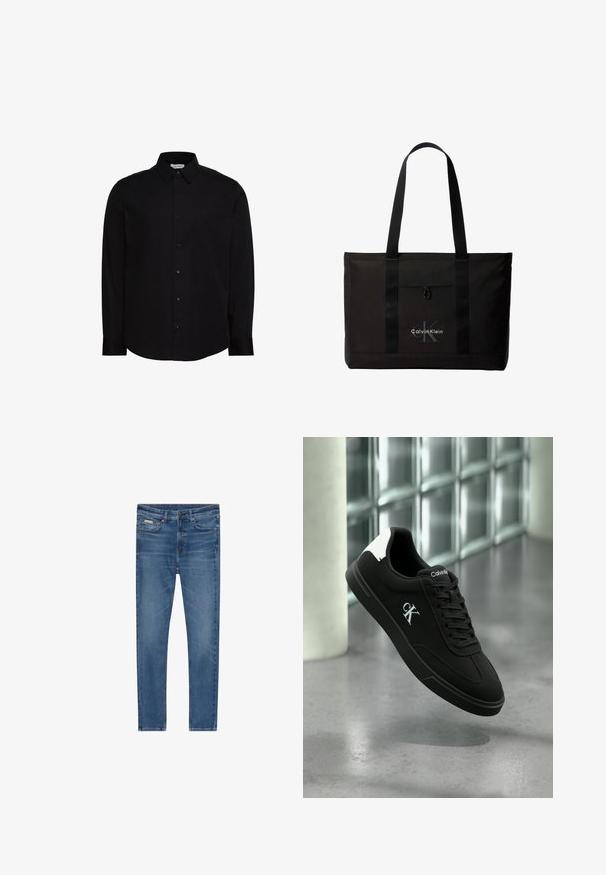 Camisa negra de manga larga con botones, confeccionada en una tela suave. Cuenta con un cuello clásico, tapeta frontal y un pequeño logo en el pecho.; Vaqueros de mezclilla azul con corte ajustado, cinco bolsillos, cierre con botones y sutiles desgastes en los muslos y las rodillas.; Zapatilla negra de Calvin Klein con lengüeta trasera blanca y logo CK en el lateral, flotando sobre un suelo de hormigón pulido y un fondo de pared de bloques de vidrio.; Bolso tote negro de Calvin Klein con dos asas largas y bolsillo delantero, con el logo de la marca en blanco y gris.