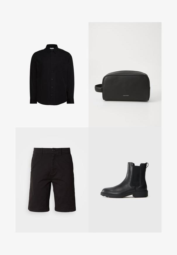 Schwarzes, langärmeliges Hemd aus glattem Stoff mit Knöpfen. Verfügt über einen klassischen Kragen, eine vordere Knopfleiste und ein kleines Logo auf der Brust.; Schwarze Shorts aus einem leichten Stoff, mit Knopfleiste, Gürtelschlaufen, Seitentaschen und geradem Schnitt mit umgeschlagenen Säumen.; Schwarze Leder-Stiefelette mit elastischen Seiteneinsätzen, Zugschlaufe an der Ferse und niedrigem Blockabsatz vor einem schlichten Hintergrund.; Schwarze Leder-Kulturbeutel mit strukturierter Oberfläche, runder Form und Seitengriff. Mit dem Calvin Klein-Logo auf der Vorderseite.