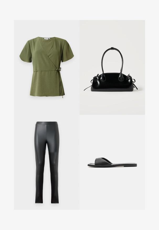 Haut cache-coeur vert olive, manches courtes, décolleté en V, lien à la taille, fabriqué en tissu léger avec une texture lisse.; Leggings noirs en matériau lisse et brillant, dotés d'une taille haute et d'une coupe ajustée. Aucune couture ni embellissement visibles.; Des sandales en slide noires présentent un matériau synthétique lisse, un design ouvert à l'avant et une semelle plate avec une bande d'accent minimaliste sur le côté.; Petit sac à main noir brillant avec deux longues anses et des détails à cordon sur les côtés sur un fond clair uni.