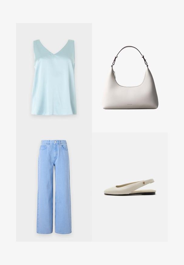 Lichtblauwe satijnen mouwloze top met een V-hals, losse pasvorm en een gladde, glanzende textuur op een effen achtergrond.; Lichtblauwe wijde denim jeans. Heeft een aangesloten taille met riemlussen en voorzakken, stiksel details en een schone zoom.; Crèmekleurige leren slingback platte schoen met ronde neus en klein gouden embleem op het bandje.; Romige Calvin Klein leren schoudertas met gebogen bovenrand, zilveren rits en donkerbruine verstelbare riem.
