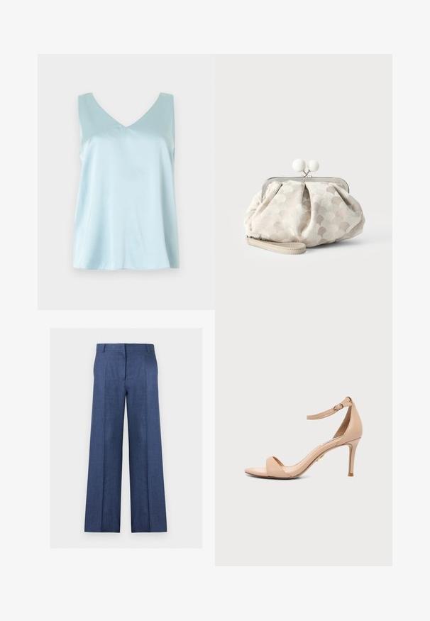 Haut sans manches en satin bleu clair avec encolure en V, coupe ample et texture lisse et brillante sur un fond uni.; Pantalon bleu à jambes larges, coupe sur mesure, avec passants de ceinture, pli à l'avant et fermeture avant dissimulée sur fond blanc.; Sandale beige à talon haut avec bride de cheville et boucle, bout ouvert et talon aiguille fin sur un fond clair uni.; Petit sac pochette beige avec tissu texturé à pois, cadre argenté, fermoir rond blanc et bracelet de poignet amovible sur fond uni.