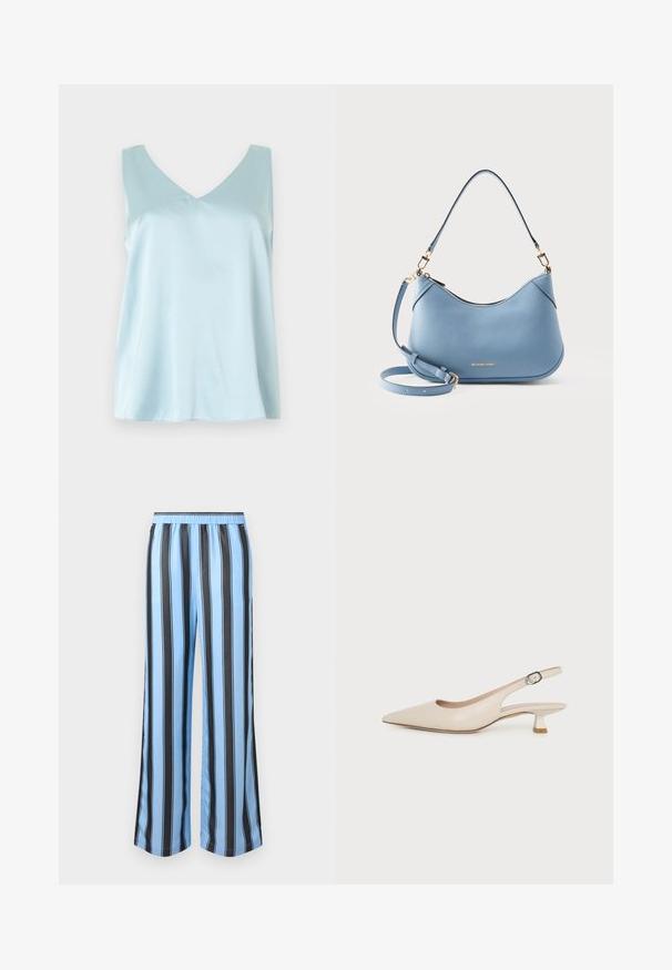 Haut sans manches en satin bleu clair avec encolure en V, coupe ample et texture lisse et brillante sur un fond uni.; Pantalon en satin bleu clair avec de larges rayures verticales noires, taille élastique et coupe droite décontractée.; Chaussure slingback beige à bout pointu avec un petit talon kitten et une boucle latérale réglable sur fond blanc uni.; Sac à main Michael Kors en cuir bleu clair avec fermeture éclair sur le dessus, courte bandoulière et bandoulière détachable et réglable pour porter en travers du corps.