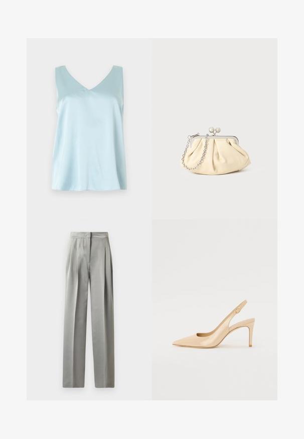 Haut sans manches en satin bleu clair avec encolure en V, coupe ample et texture lisse et brillante sur un fond uni.; Pantalons tailleur gris clair avec une texture lisse, dotés de plis à l'avant, d'une coupe évasée et d'une taille ajustée.; Escarpin slingback en cuir verni nude avec un bout pointu, un décolleté ouvert et un talon aiguille fin. Comprend un accent doré circulaire sur la sangle.; Pochette en cuir beige plissé avec un cadre en métal argenté, dotée de deux fermoirs ronds décoratifs et d'une chaîne en argent.