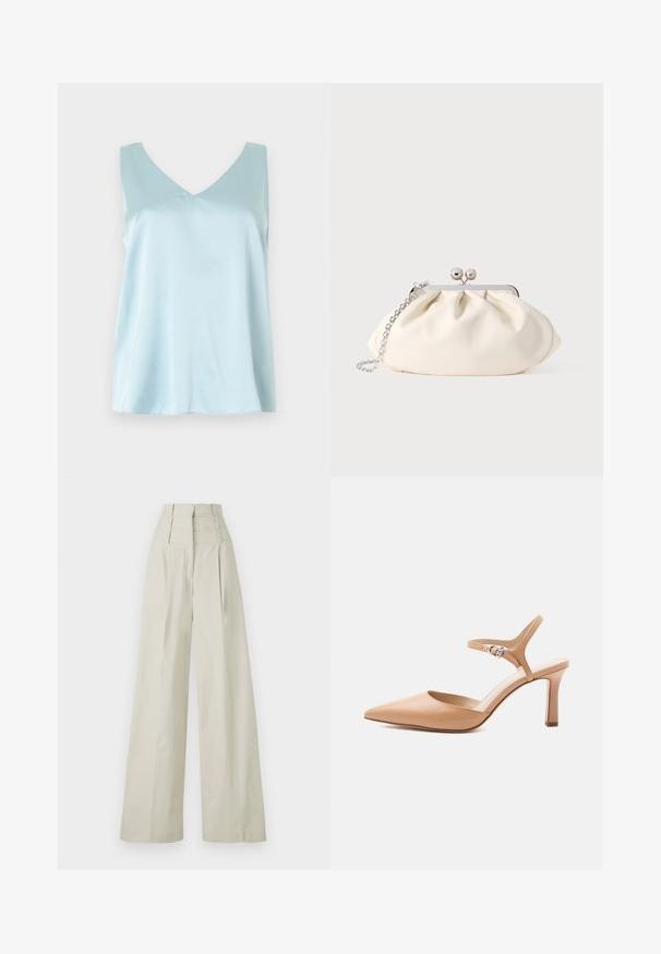 Haut sans manches en satin bleu clair avec encolure en V, coupe ample et texture lisse et brillante sur un fond uni.; Pantalons larges beiges en tissu lisse, avec une taille haute dotée de trois bandes horizontales et des plis à l'avant.; Chaussure à talon haut beige à bout pointu avec une bride à la cheville et une boucle argentée sur fond blanc.; Pochette en tissu crème avec un design froncé, cadre en métal argenté, deux boules décoratives, et une bandoulière chaîne argentée.