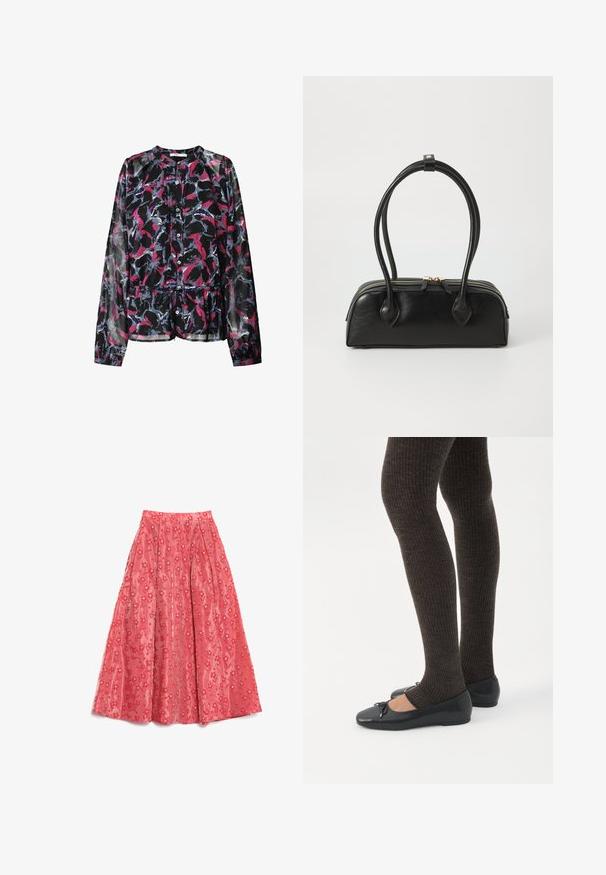 Schwarze Bluse mit floralem Muster in Pink, Blau und Weiß. Verfügt über lange Ärmel, eine Knopfleiste vorne und eine geraffte Taille für einen lockeren Sitz.; Fließender coralfarbener Maxirock aus strukturiertem Stoff, mit floralen Mustern und kleinen weißen Akzenten sowie Falten für mehr Volumen.; Beine in dunklen, gerippten Leggings kombiniert mit schwarzen Ballerinas mit kleinen Schleifendetails auf weißem Hintergrund.; Schwarze Lederhandtasche mit zwei verlängerten Griffen, Reißverschluss und runder Form; glatte Textur mit subtiler glänzender Oberfläche.